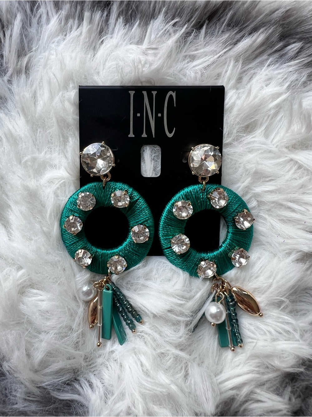 INC International Concepts Emerald Green Crystal Hoop Drop Earrings
